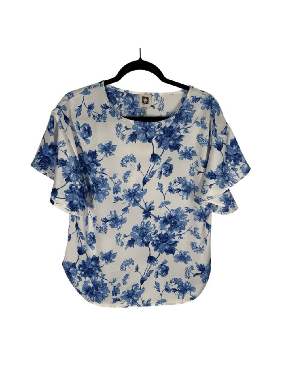 Anne Klein Women M Blue White Floral Woven Flutter Sleeve Pullover Blouse NWT